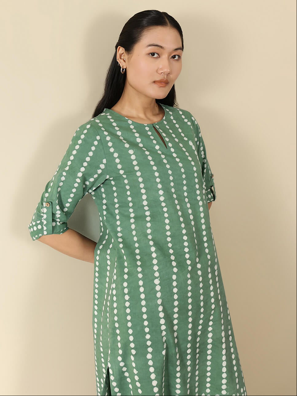 Cotton Dabu Polka Kurta Set - Green