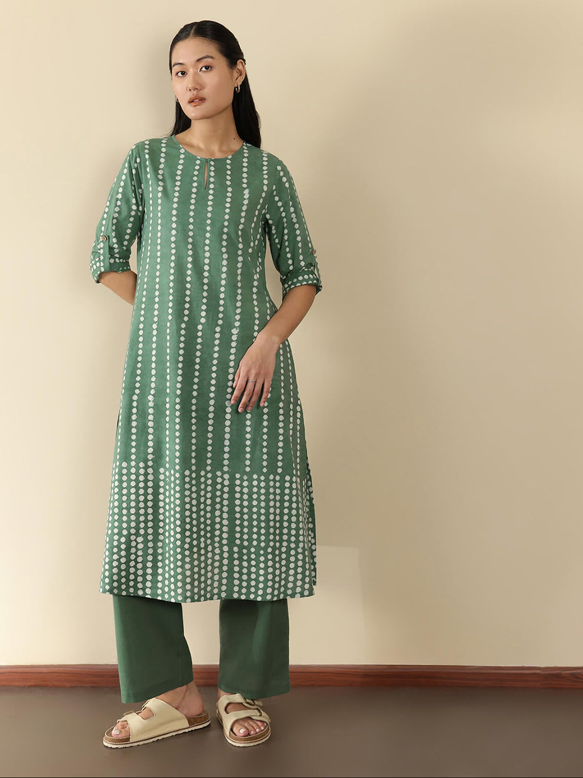 Cotton Dabu Polka Kurta Set - Green
