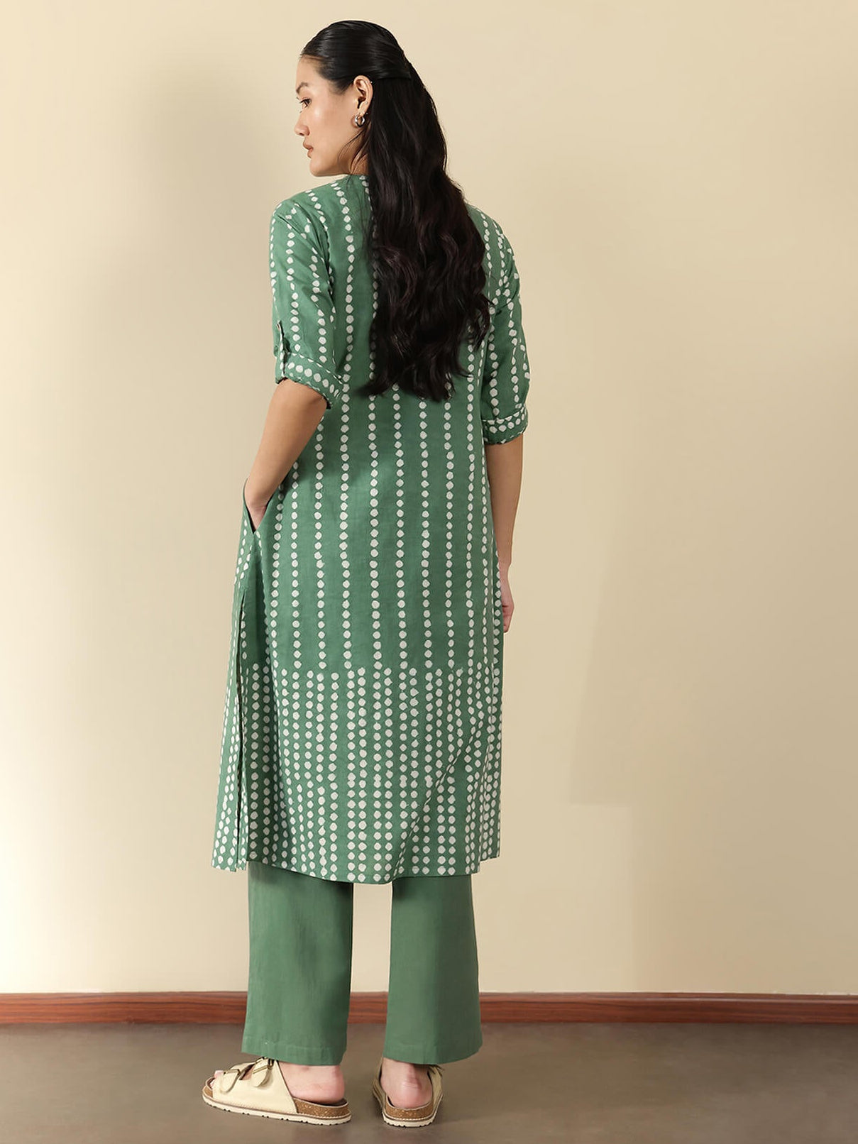 Cotton Dabu Polka Kurta Set - Green