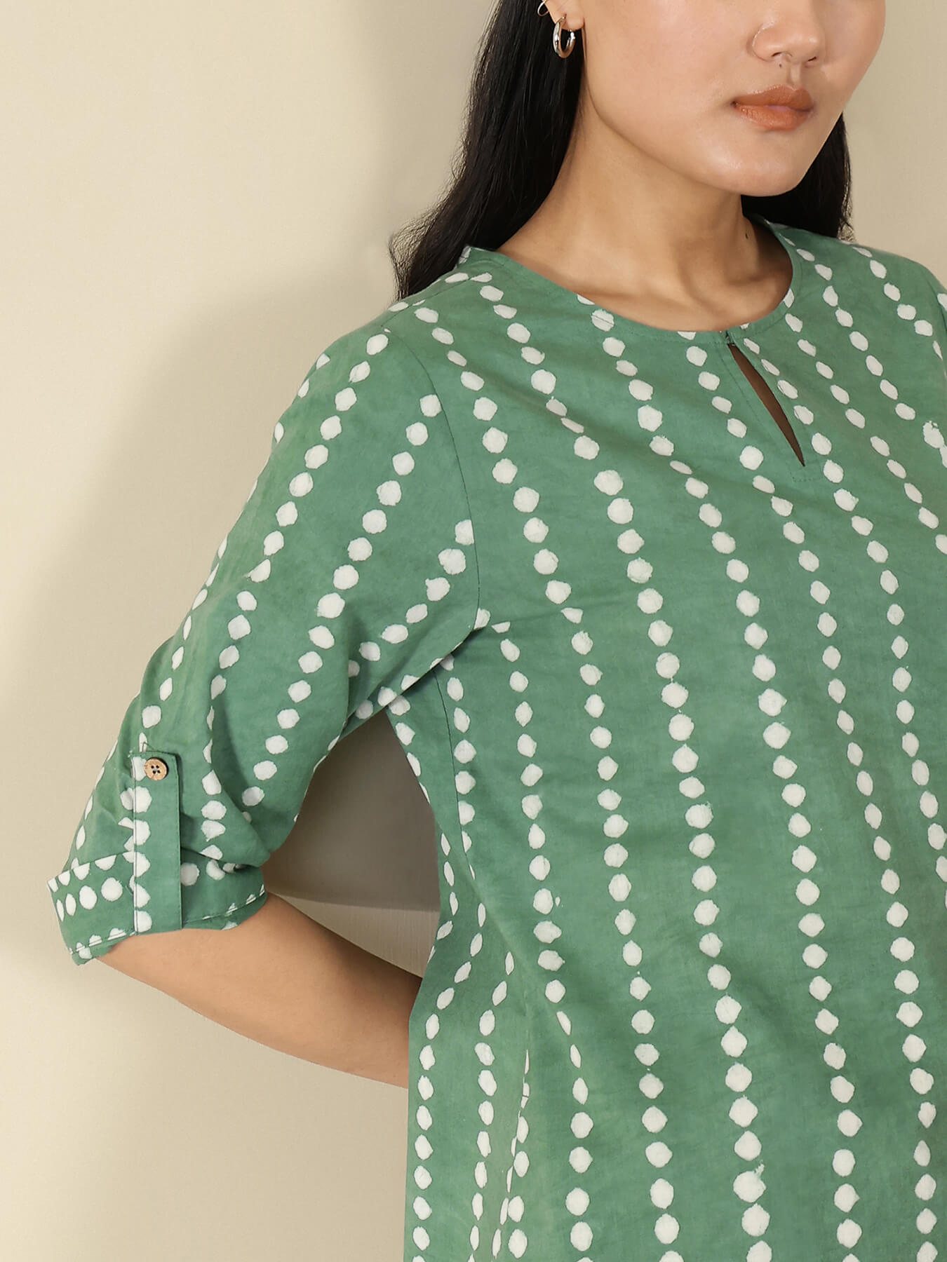 Cotton Dabu Polka Kurta Set - Green