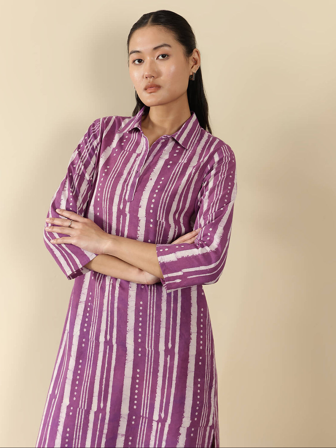 Cotton Dabu Striped Shirt Collar Kurta Set - Purple