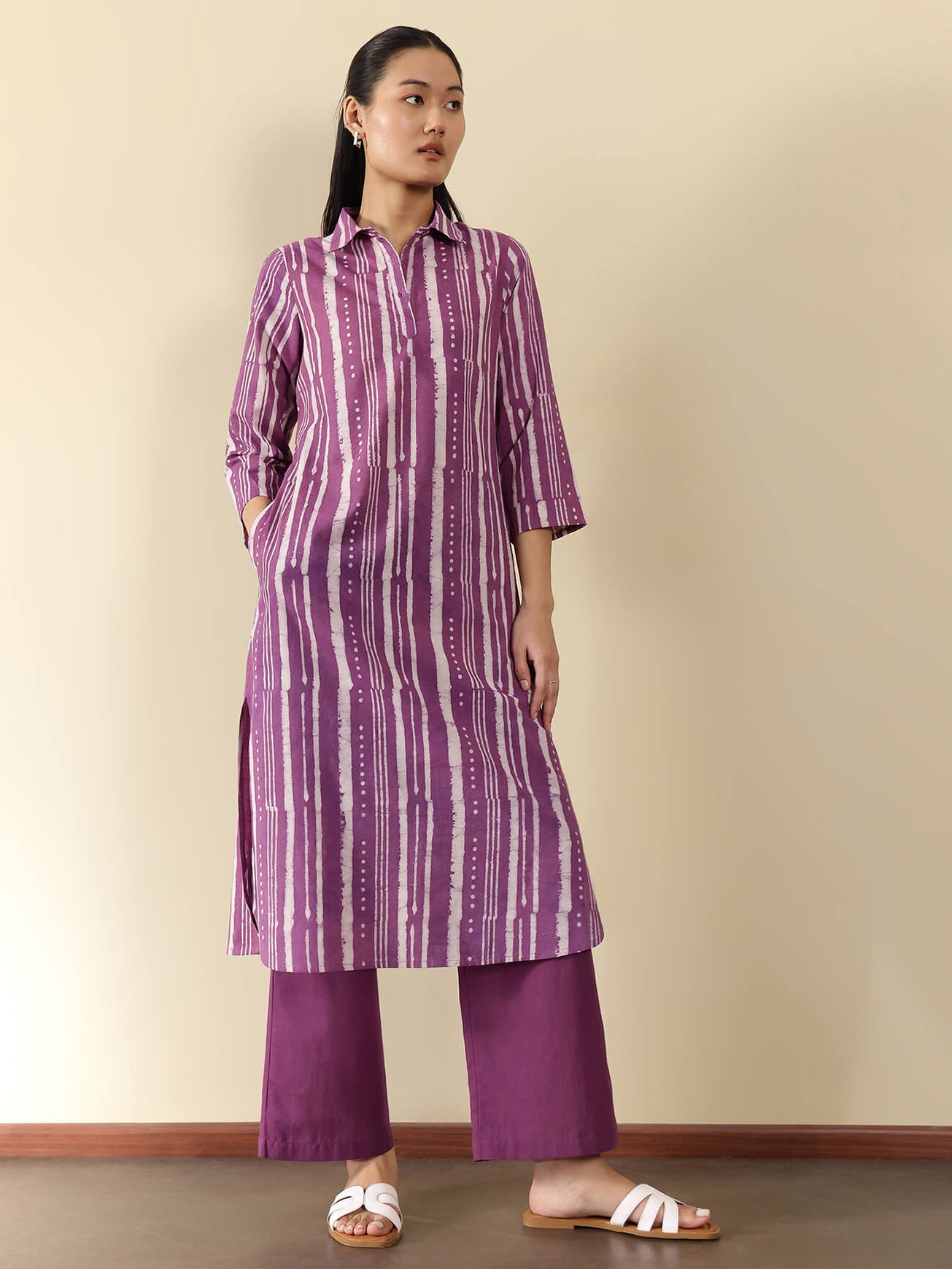 Cotton Dabu Striped Shirt Collar Kurta Set - Purple