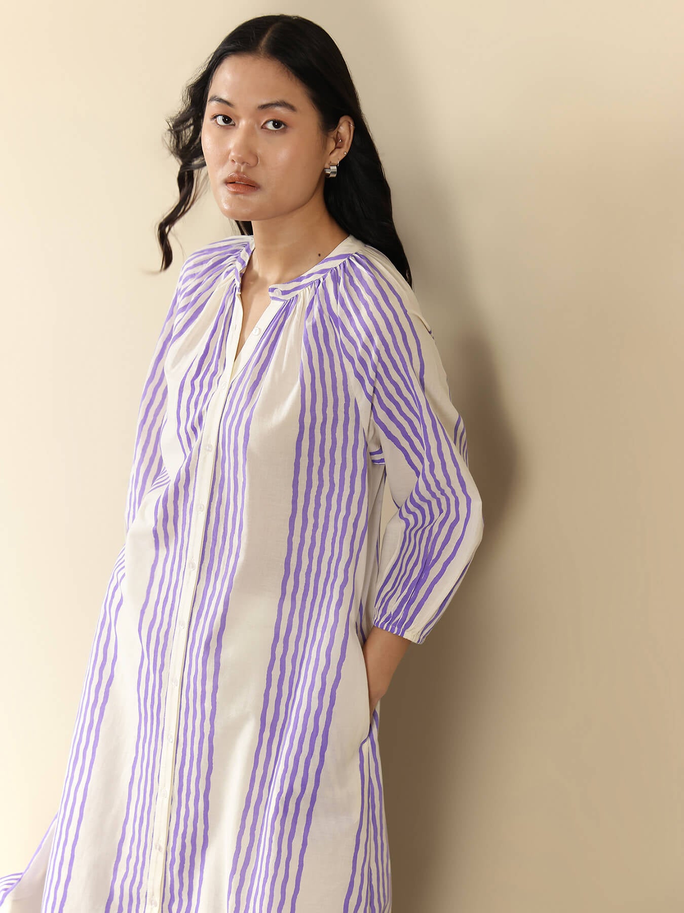 Cotton Striped Kurta Set - Off White and Lavender
