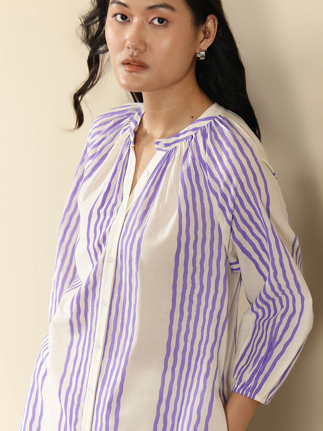 Cotton Striped Kurta Set - Off White and Lavender