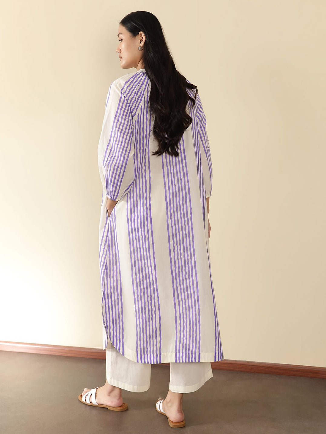 Cotton Striped Kurta Set - Off White and Lavender