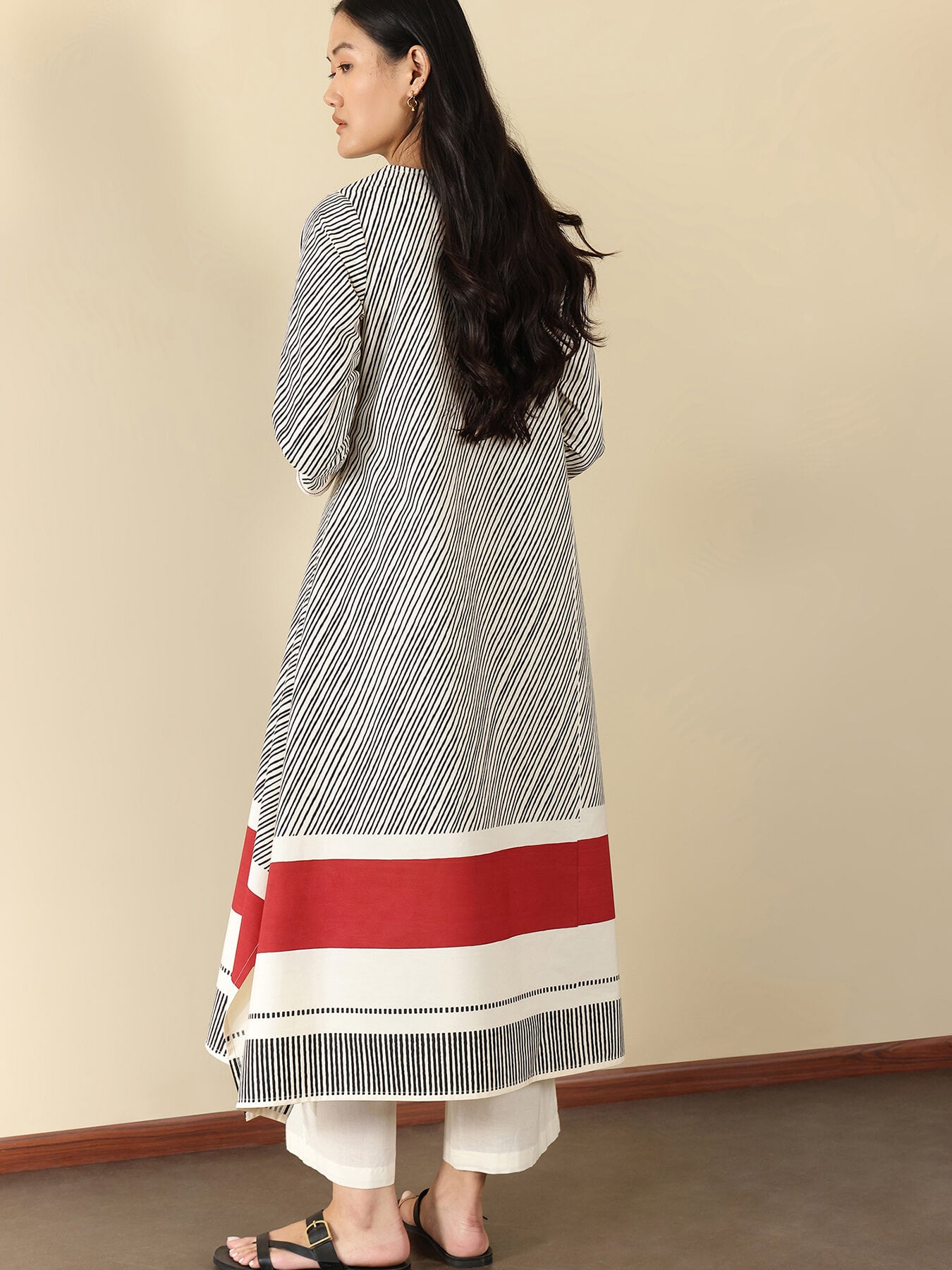 Cotton Striped Assymetric Kurta Set - Off White and Black