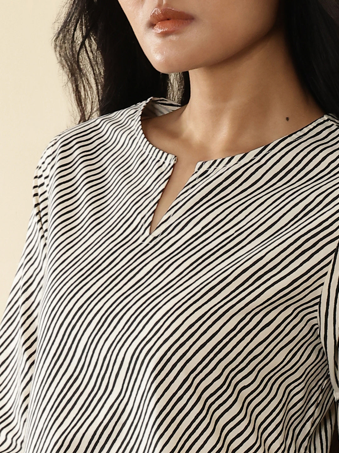 Cotton Striped Assymetric Kurta Set - Off White and Black
