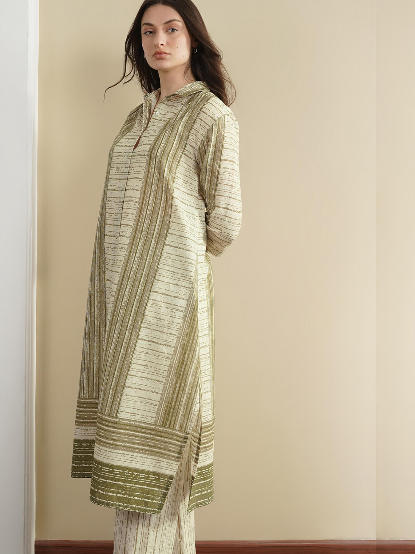Cotton Striped Shirt Collar Kurta Set - Green and Off-White