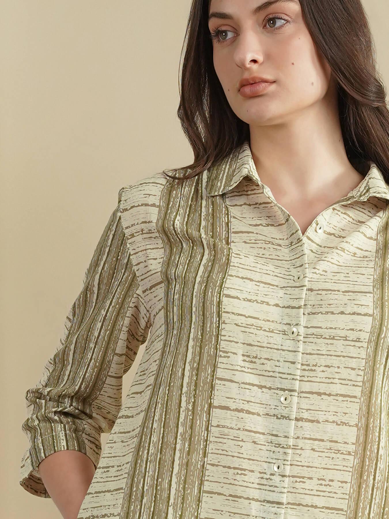 Cotton Striped Shirt Collar Kurta Set - Green and Off-White