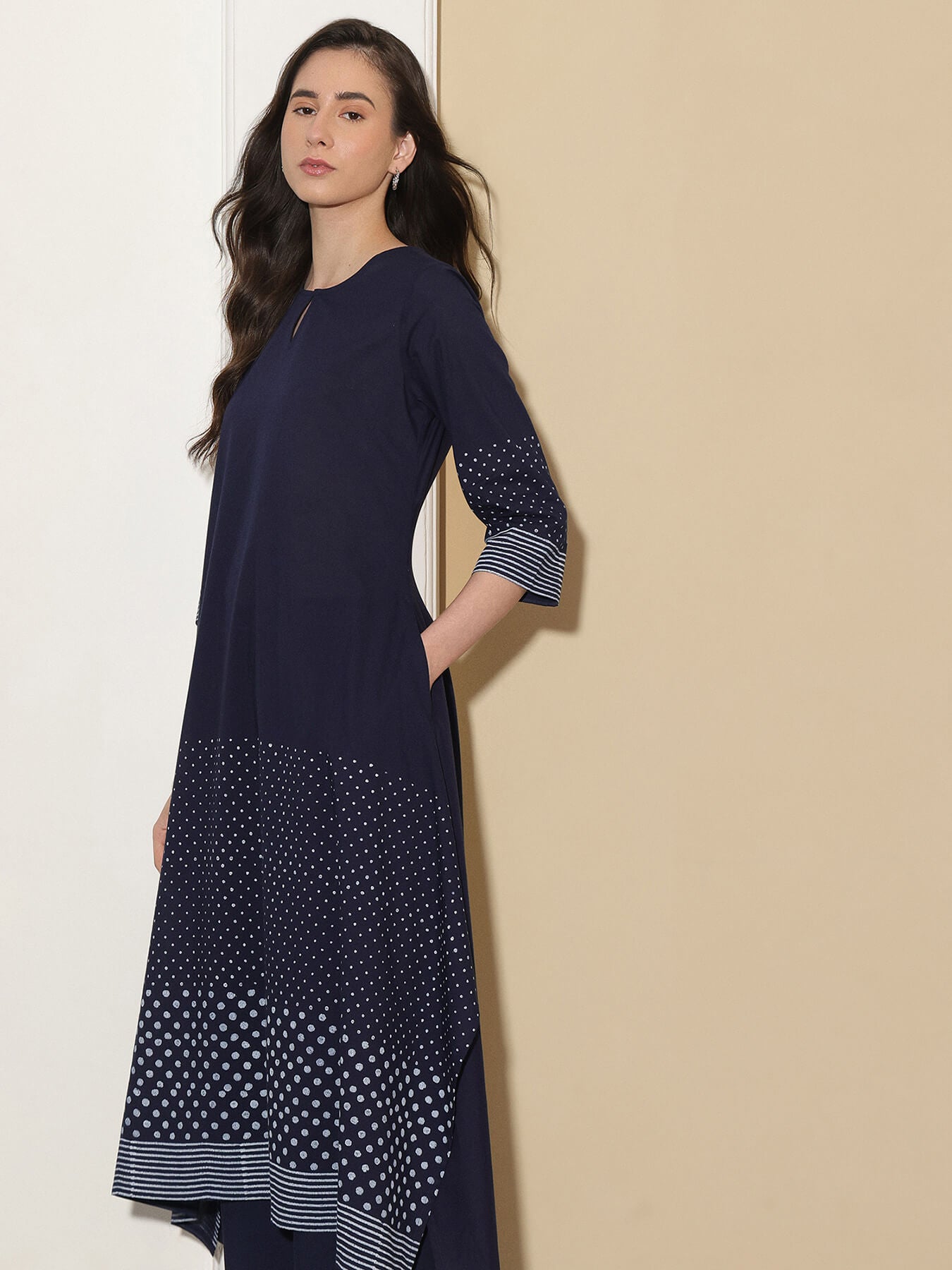 Cotton Round Neck A-Line Kurta Set - Navy Blue