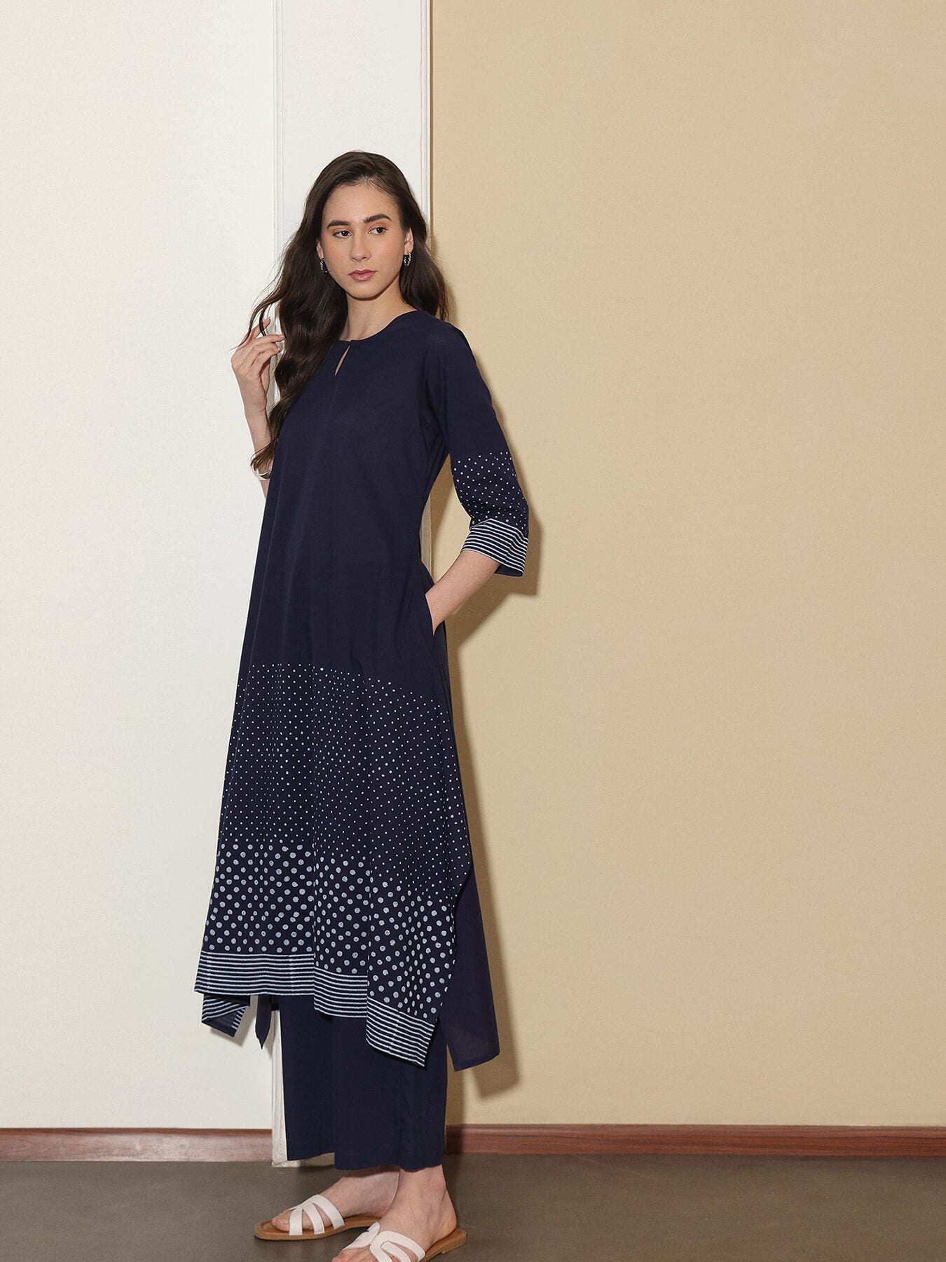 Cotton Round Neck A-Line Kurta Set - Navy Blue