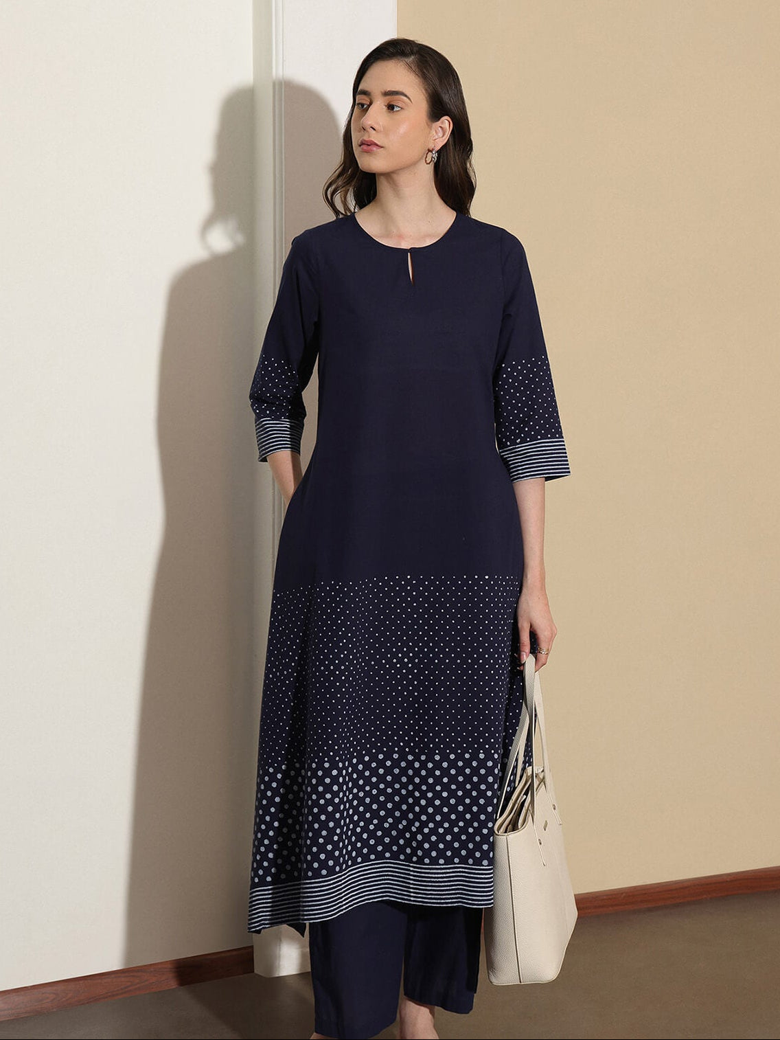 Cotton Round Neck A-Line Kurta Set - Navy Blue