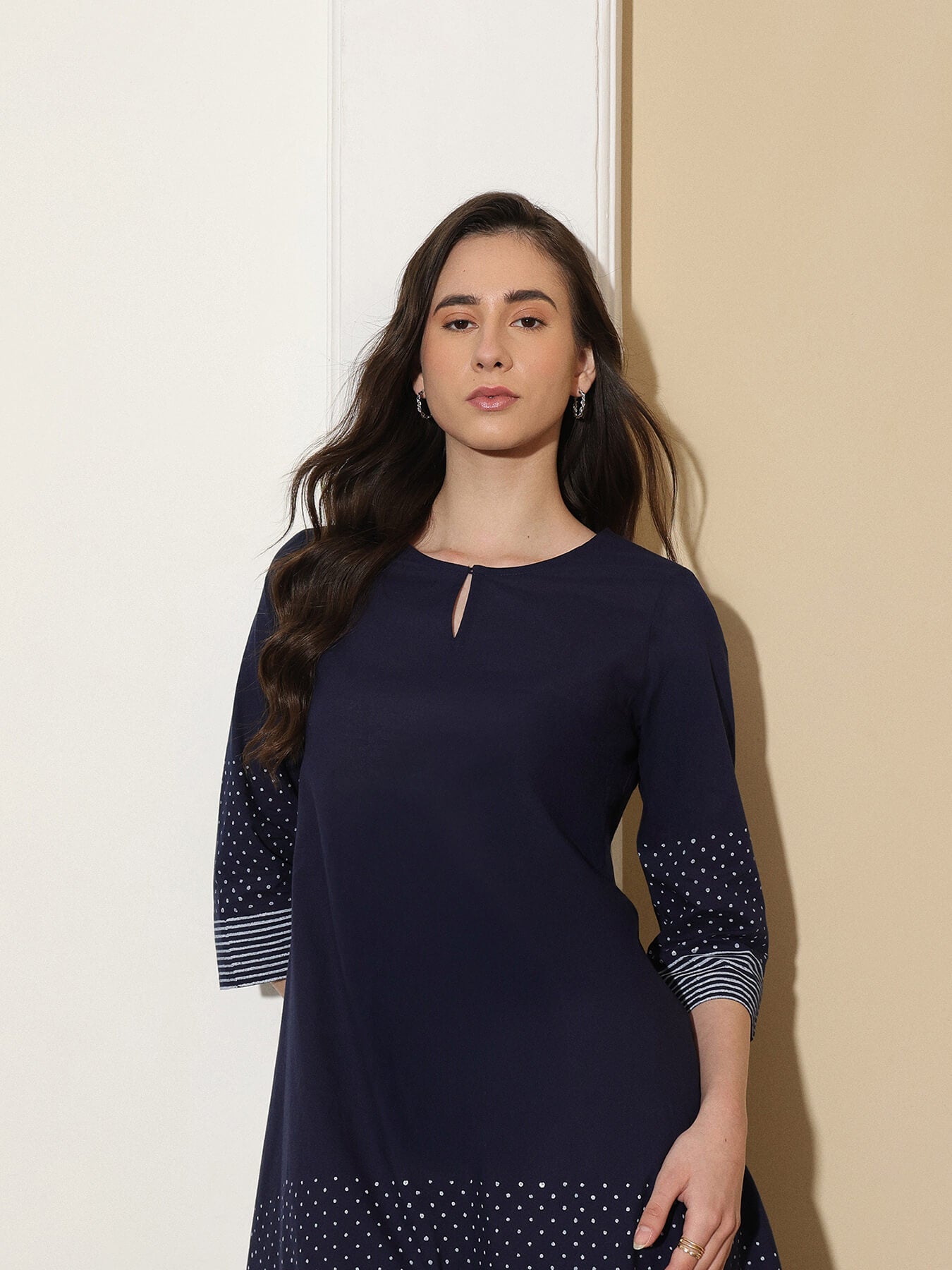 Cotton Round Neck A-Line Kurta Set - Navy Blue