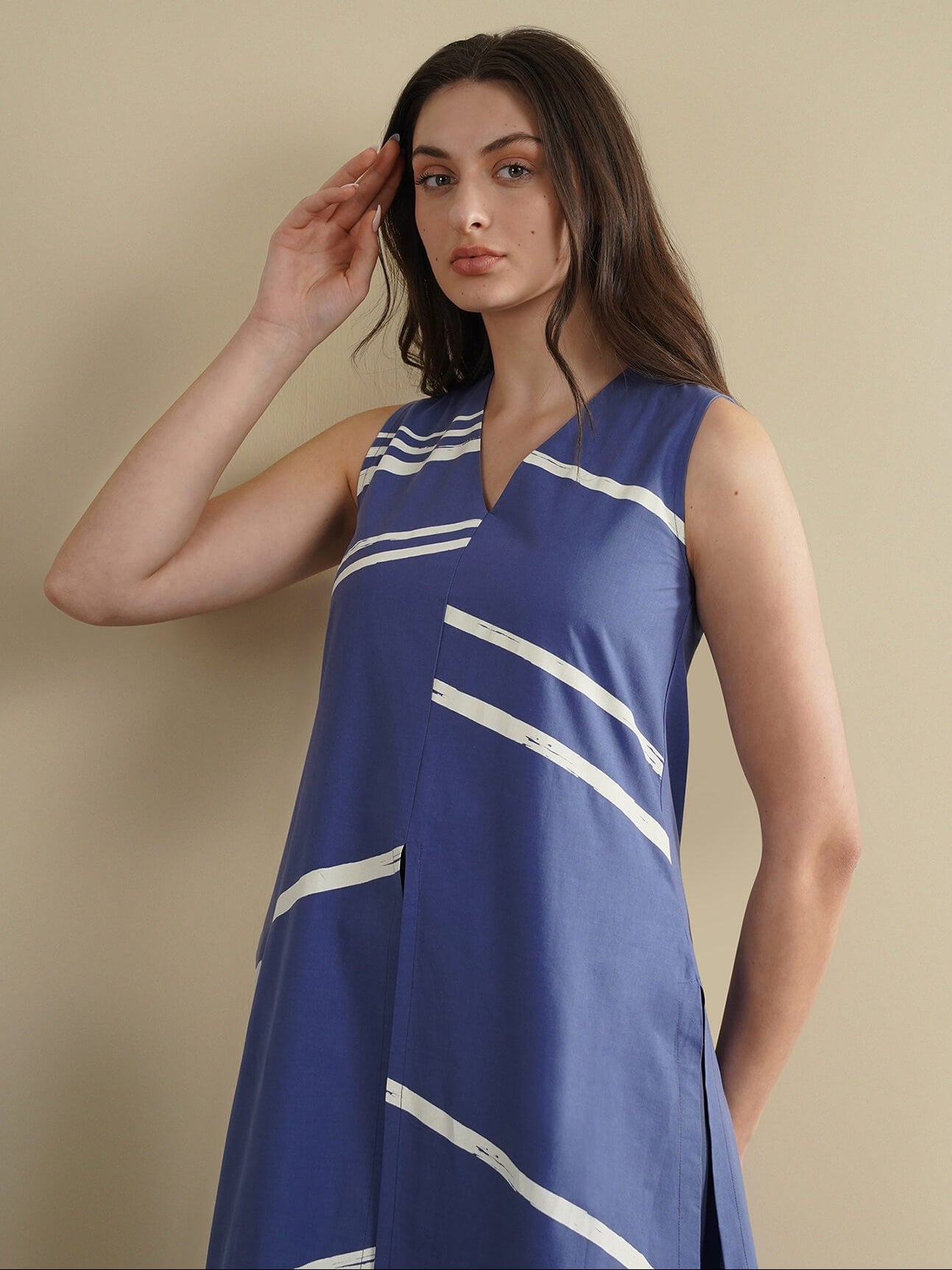 Cotton Striped A-Line Kurta Set - Blue