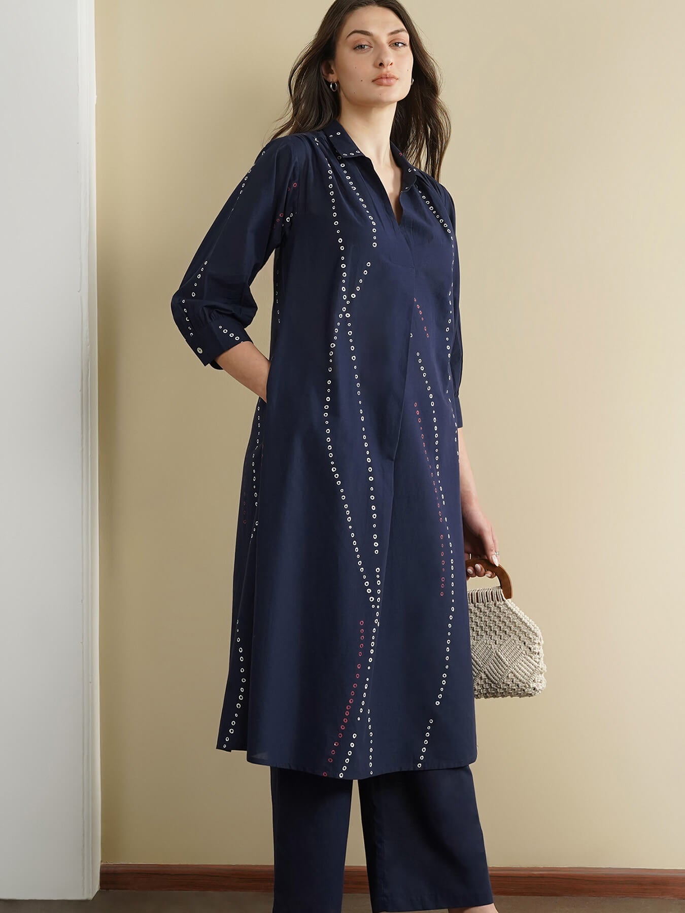 Cotton Bandhani-Inspired A-Line Kurta Set - Blue