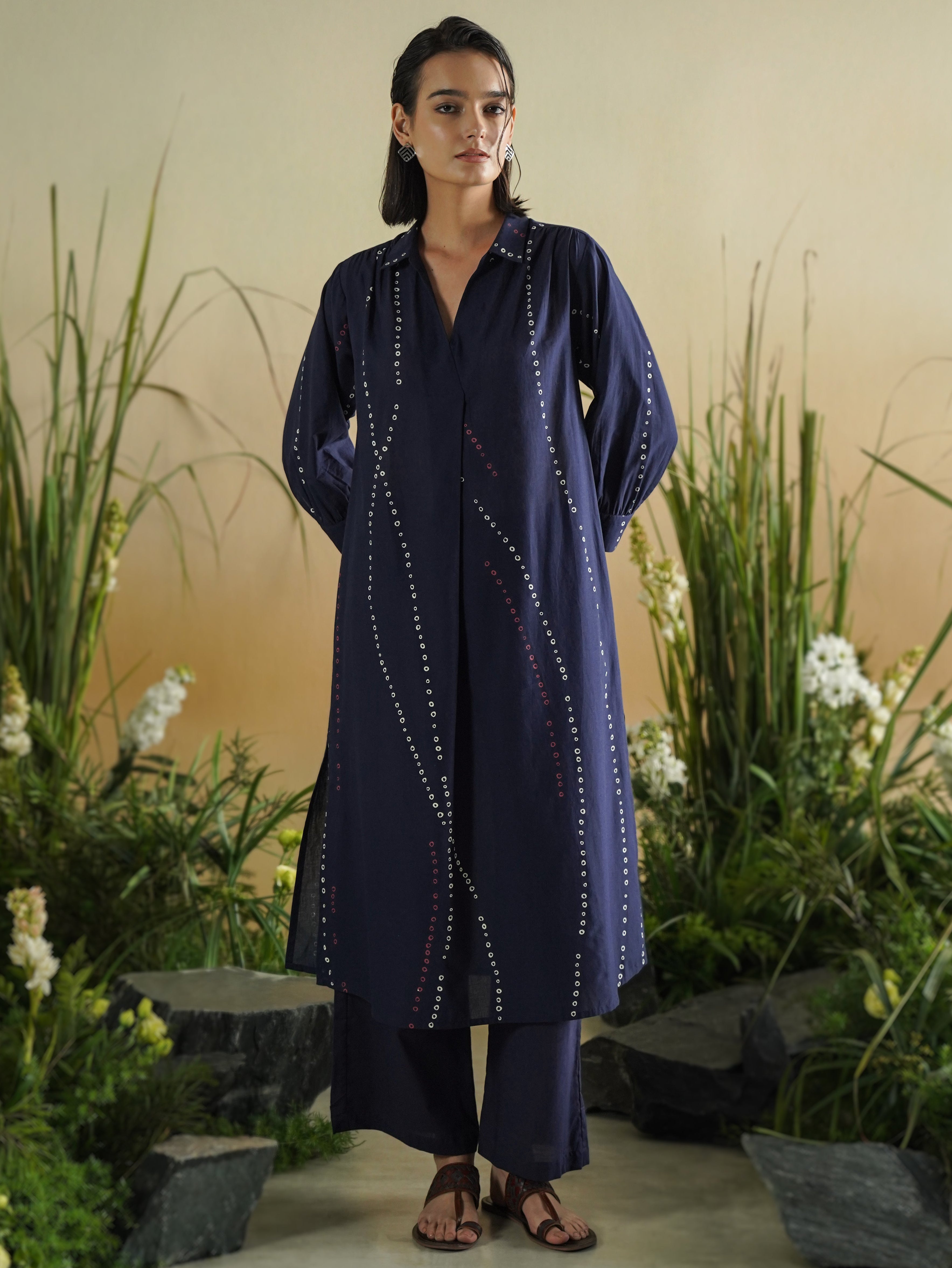 Cotton Bandhani-Inspired A-Line Kurta Set - Blue