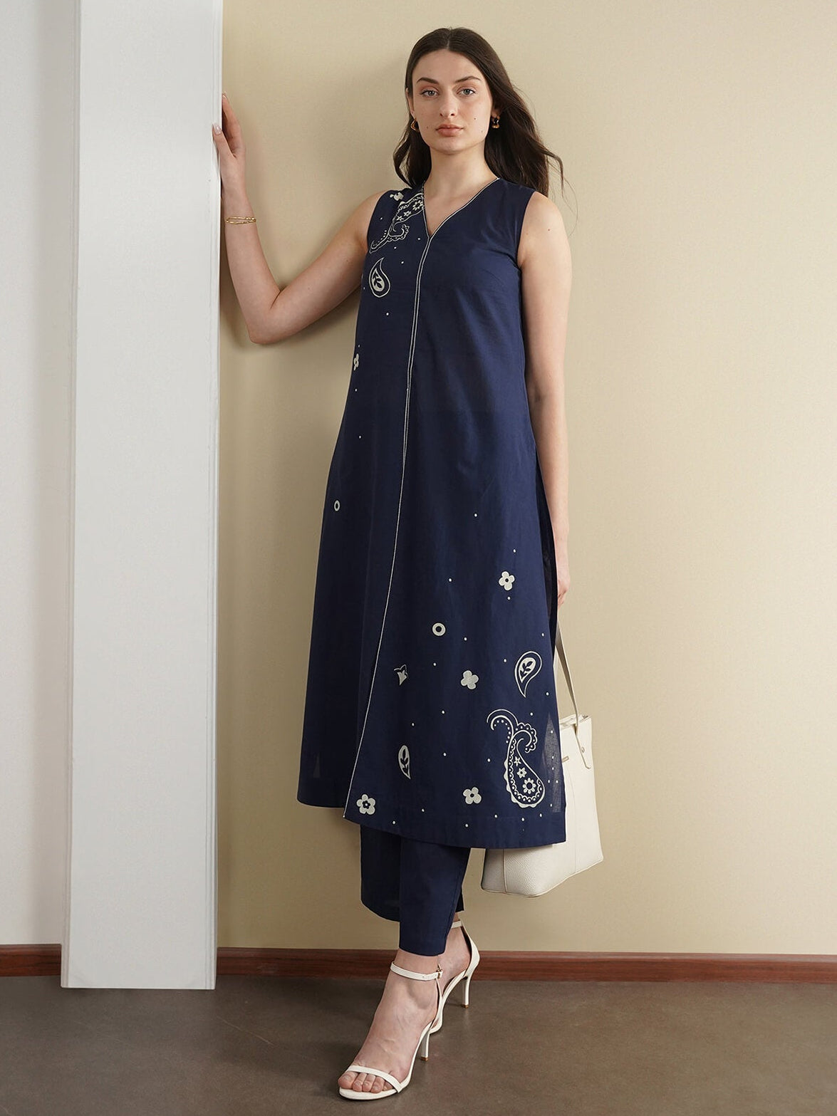 Cotton Paisley A-Line Kurta Set - Navy Blue