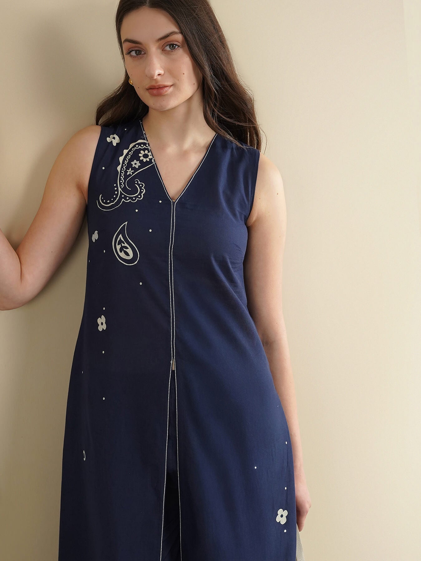 Cotton Paisley A-Line Kurta Set - Navy Blue