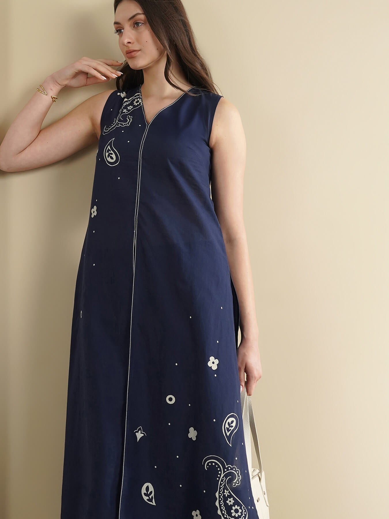 Cotton Paisley A-Line Kurta Set - Navy Blue