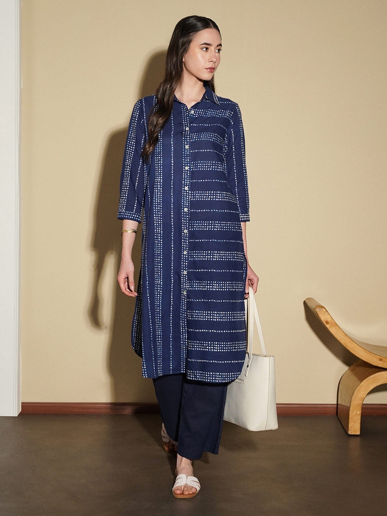 Cotton Dots Play V-Neck Kurta - Navy Blue
