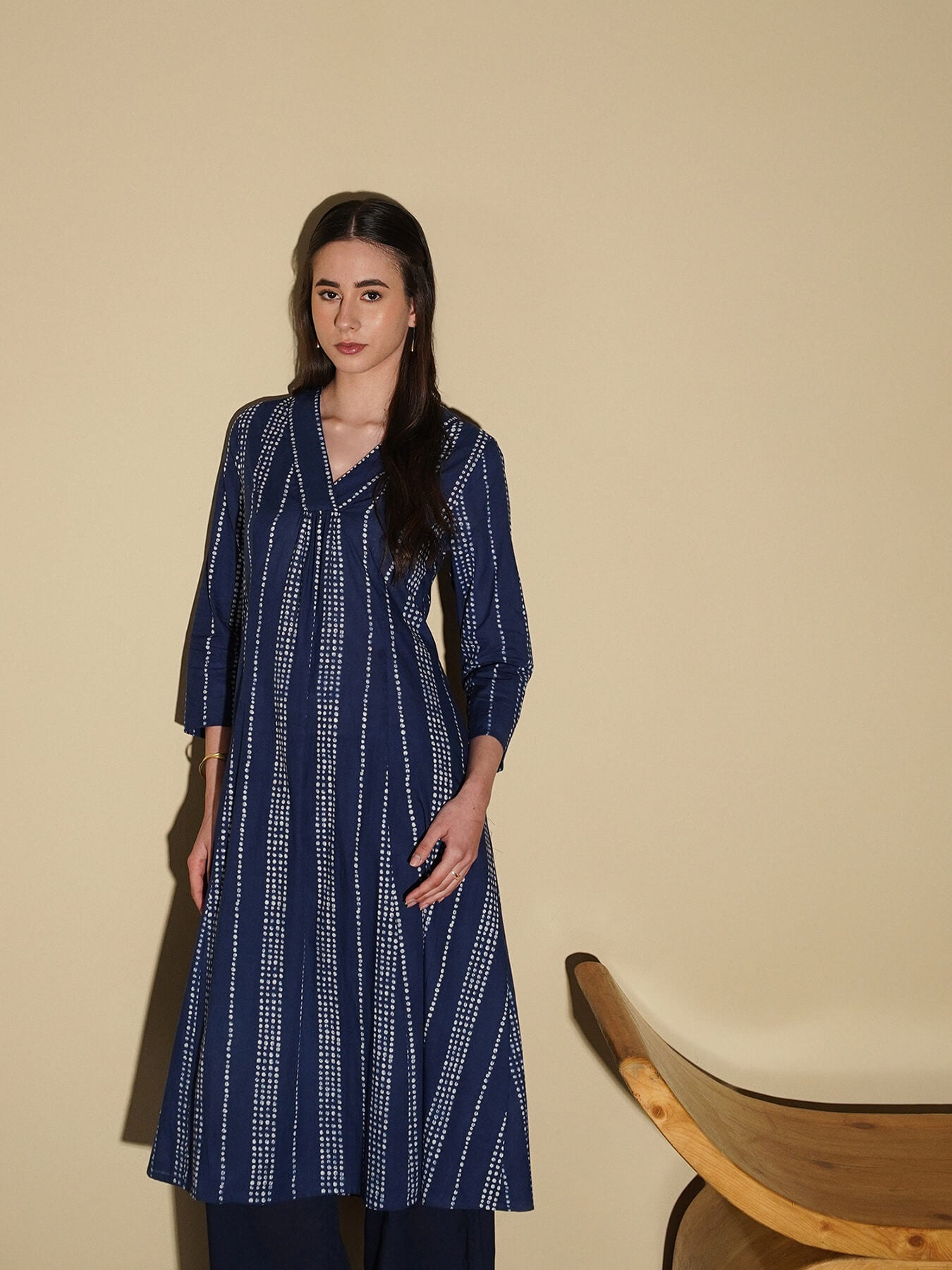 Cotton Polka Dots V-Neck Kurta Set - Navy Blue