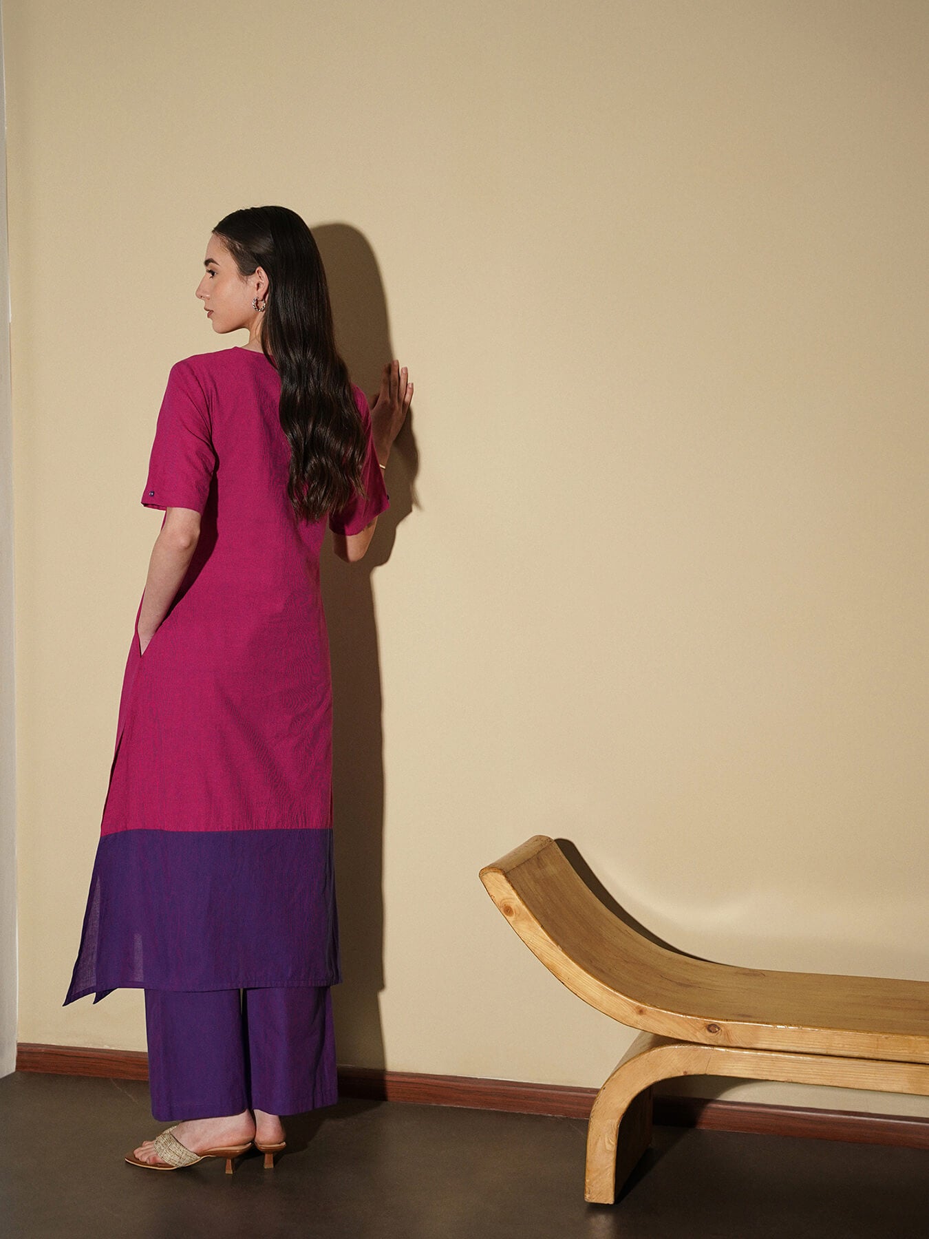 Cotton Solid Colourblock Kurta Set - Pink and Purple