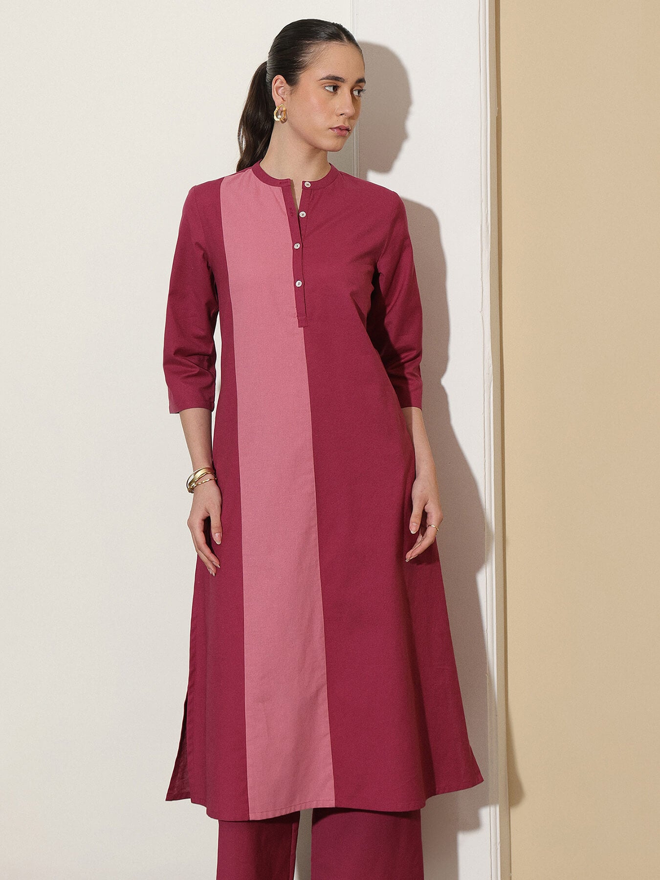 Linen Blend Straight Kurta Set - Purple and Pink
