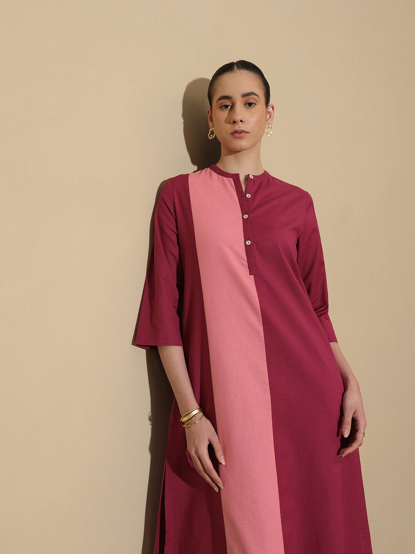 Linen Blend Straight Kurta Set - Purple and Pink