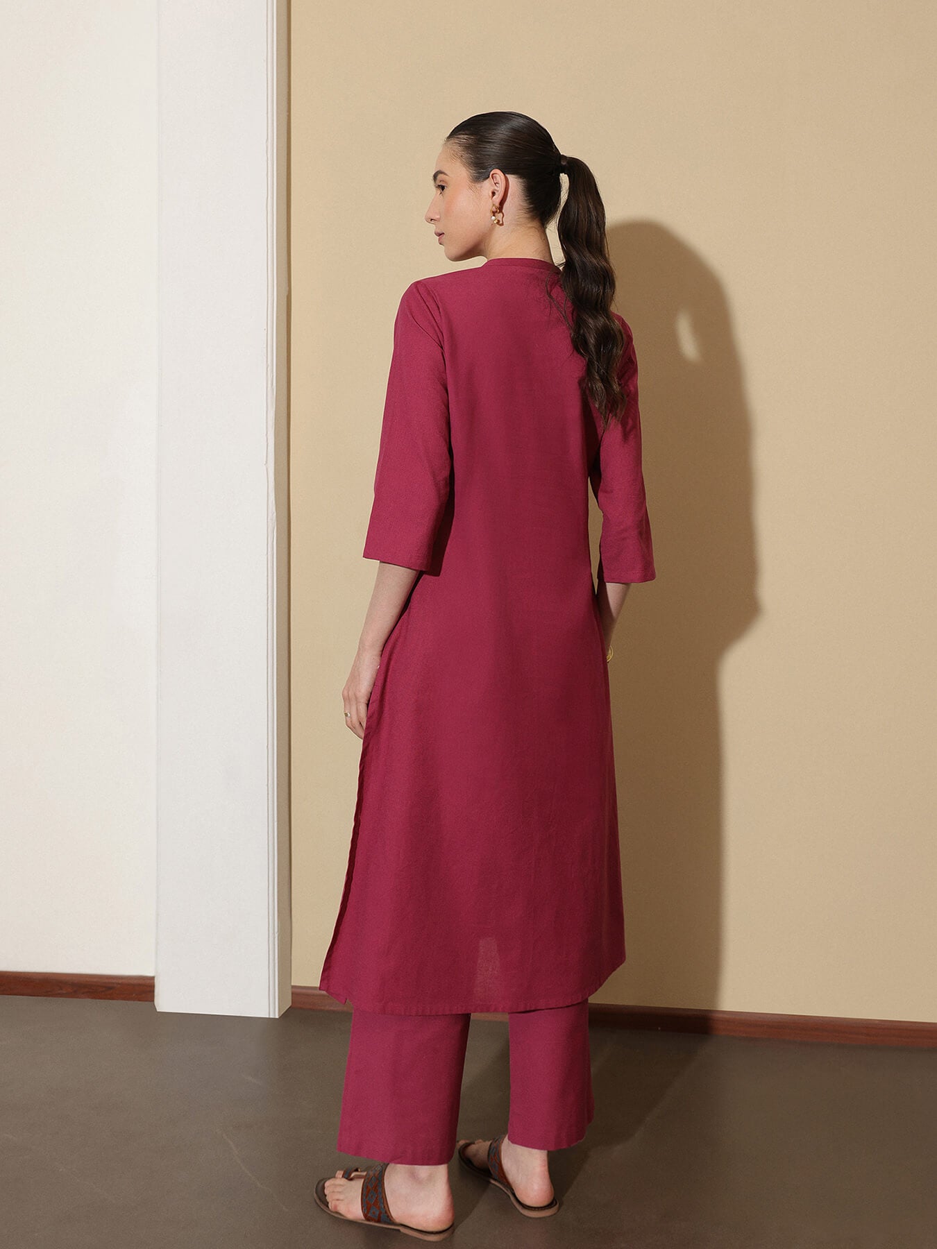 Linen Blend Straight Kurta Set - Maroon and Pink
