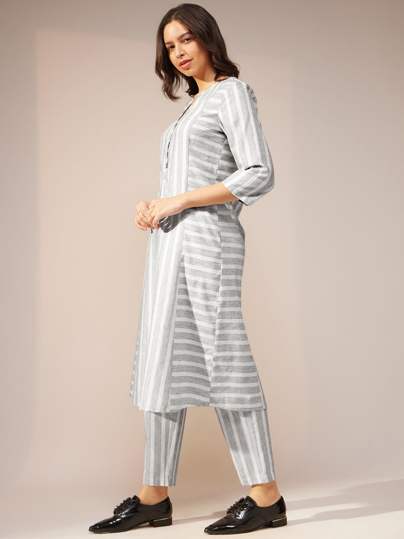 Cotton Striped Kurta Set - Grey