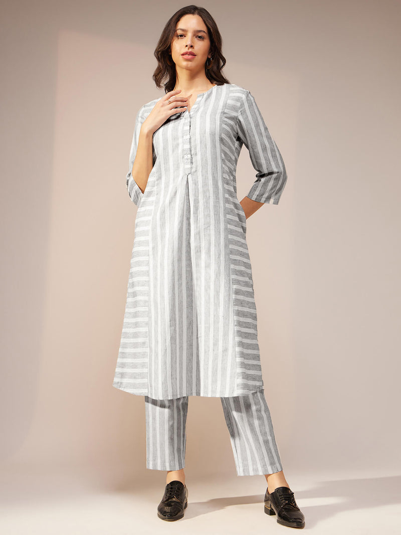 Cotton Striped Kurta Set - Grey