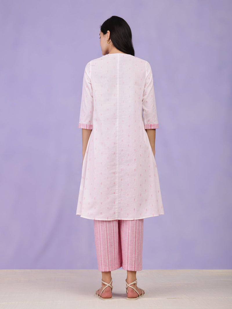 Cotton A-Line Kurta Set - Off White & Pink
