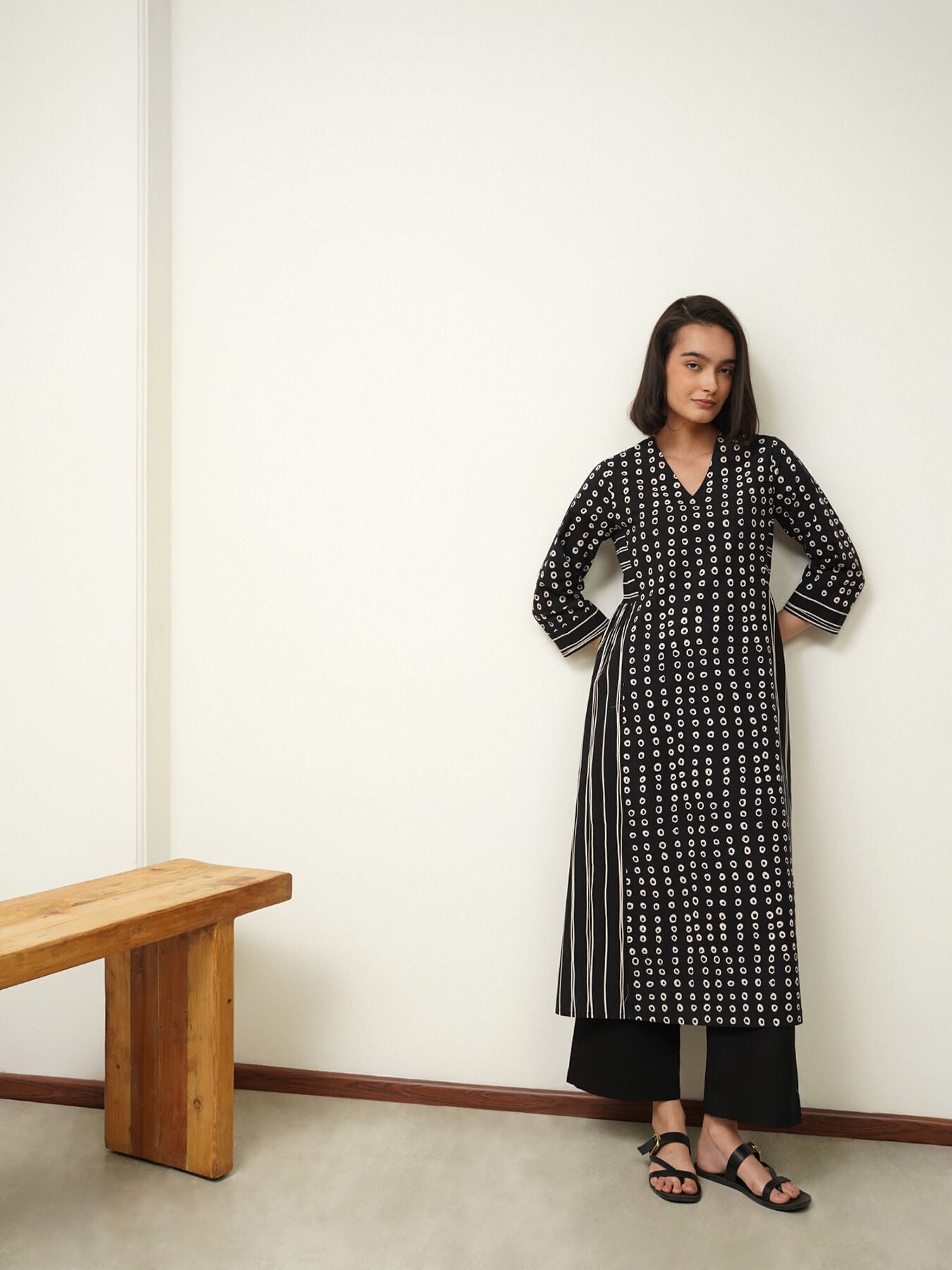 Cotton Polka Kurta Set - Black