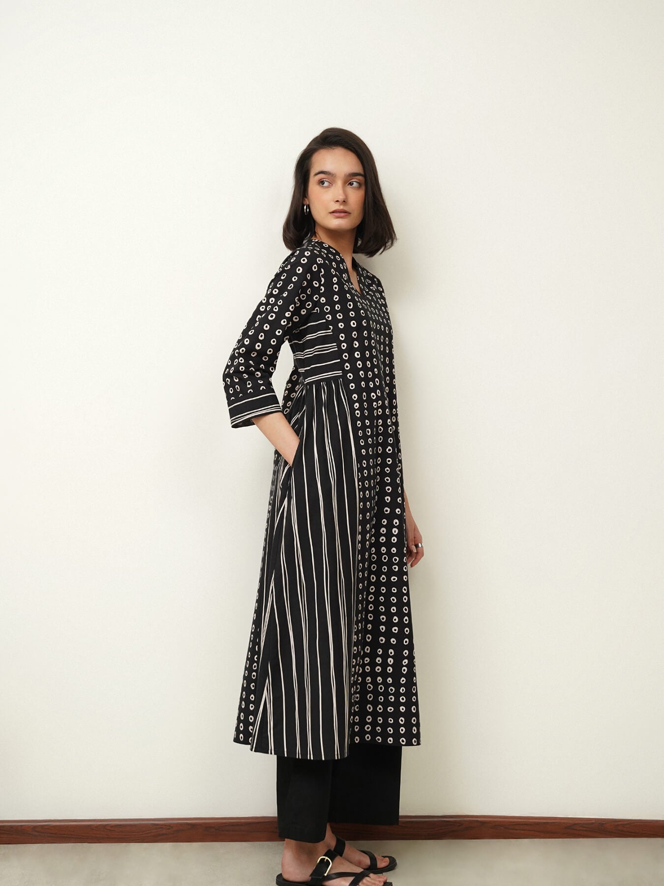 Cotton Polka Kurta Set - Black
