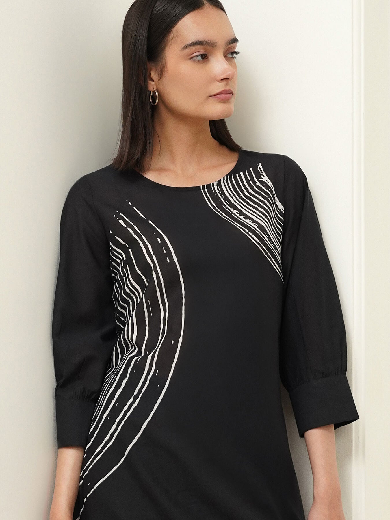 Cotton Abstract Straight Kurta Set - Black