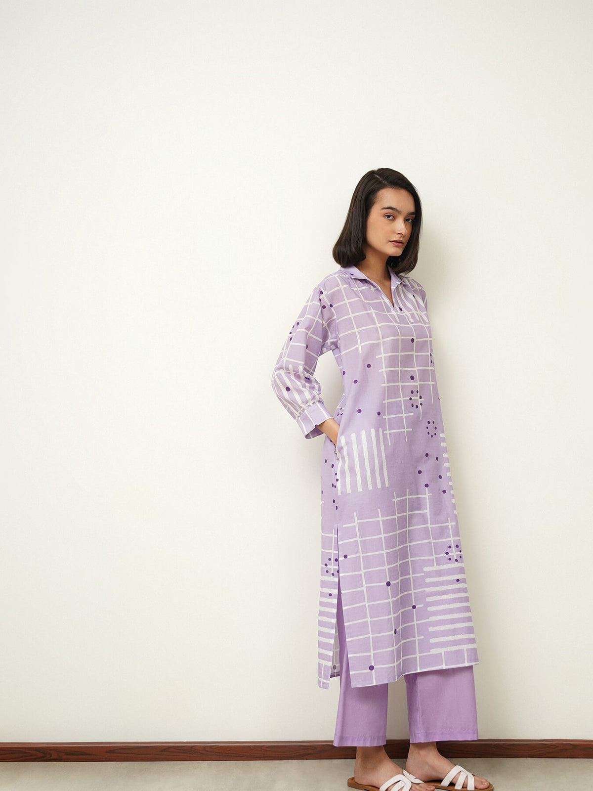 Cotton Geometric Shirt Collar Kurta Set - Lavender