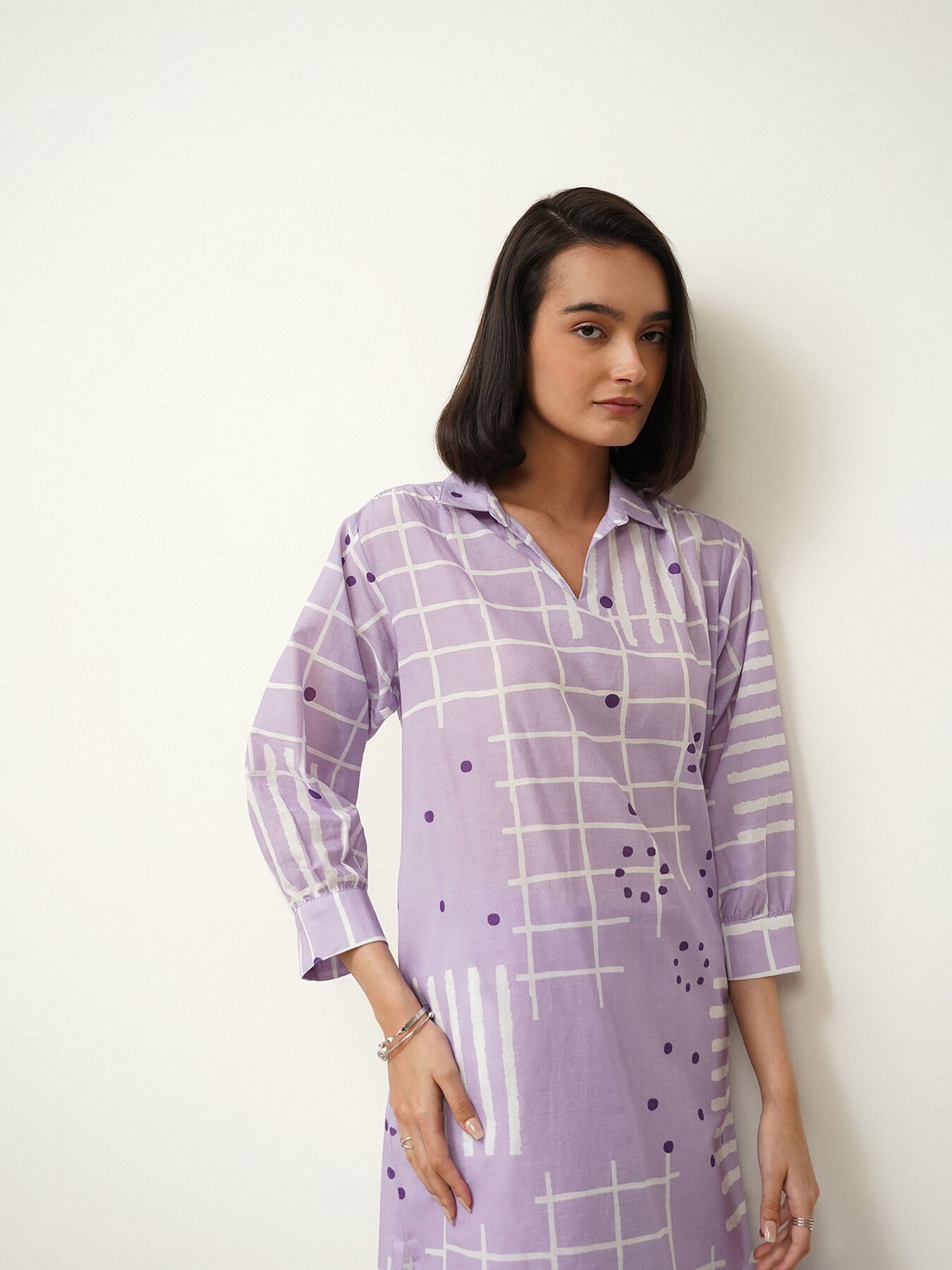 Cotton Geometric Shirt Collar Kurta Set - Lavender