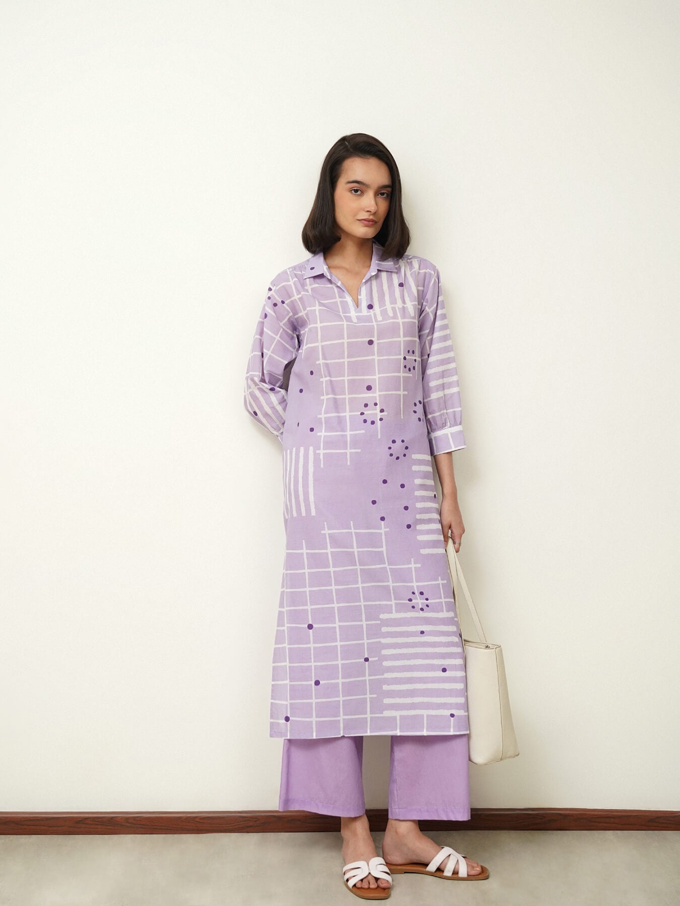 Cotton Geometric Shirt Collar Kurta Set - Lavender