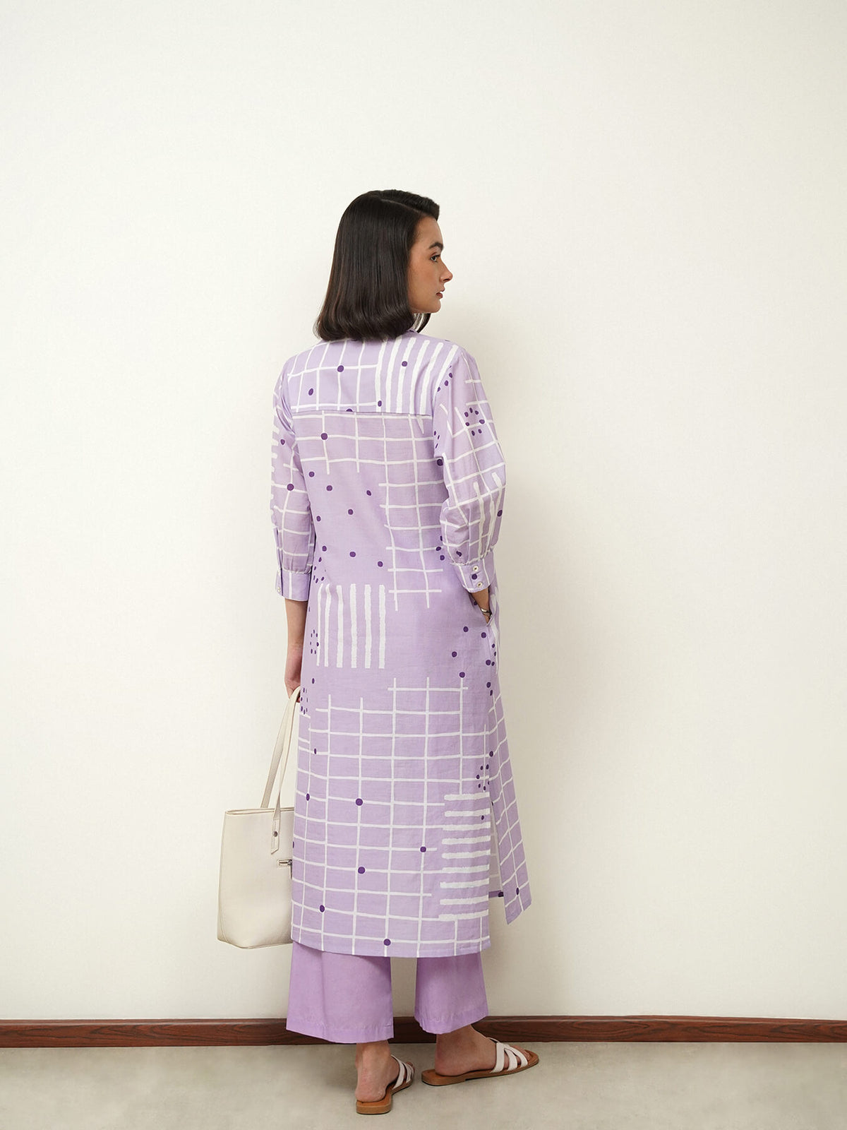 Cotton Geometric Shirt Collar Kurta Set - Lavender