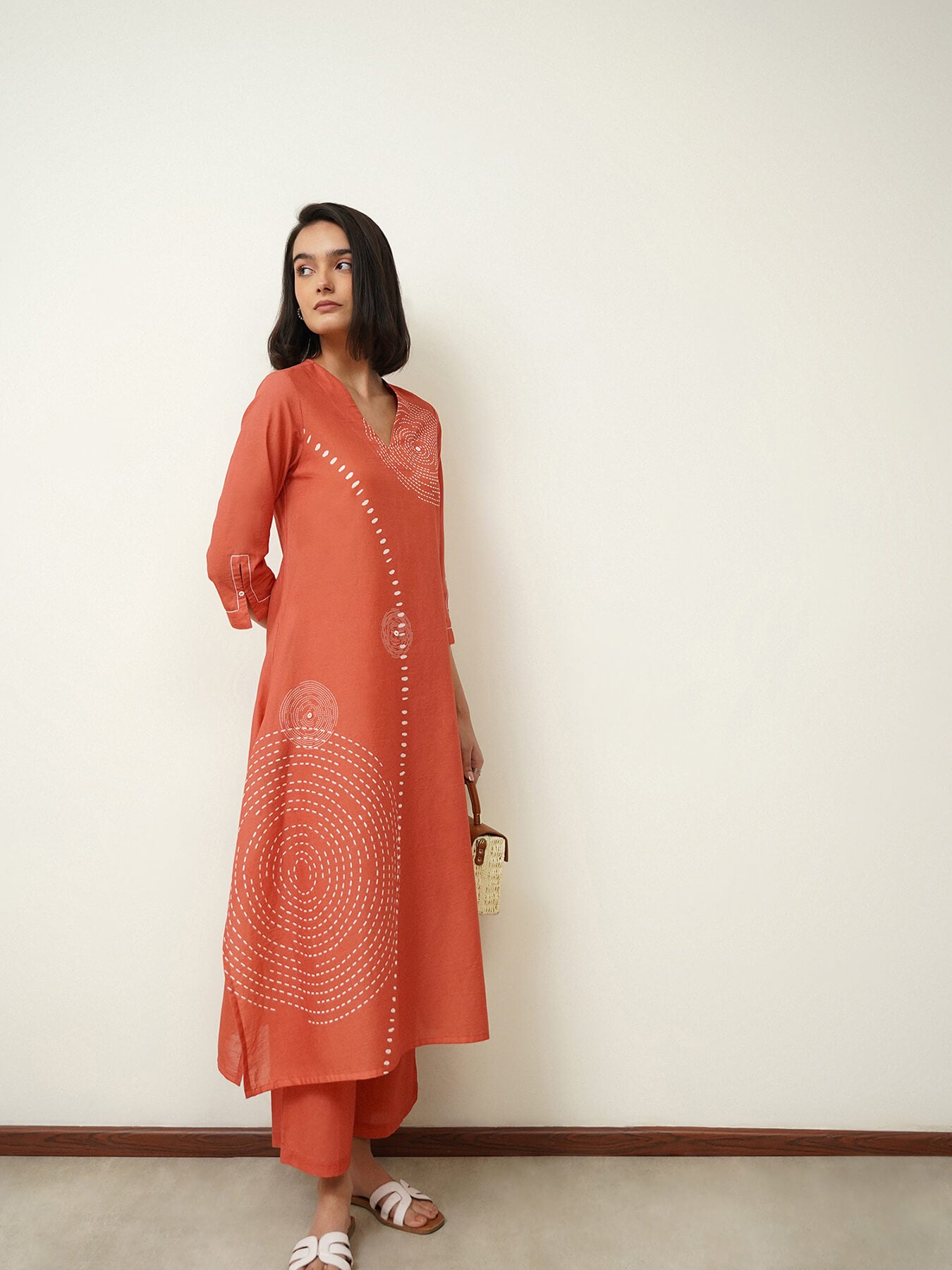 Cotton Polka Asymmetric Kurta Set - Rust