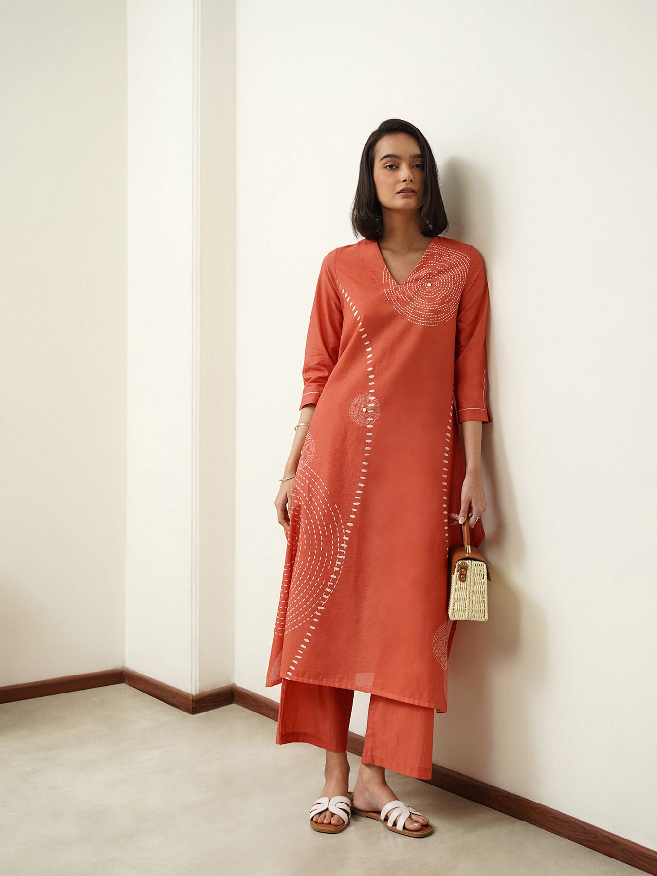 Cotton Polka Asymmetric Kurta Set - Rust
