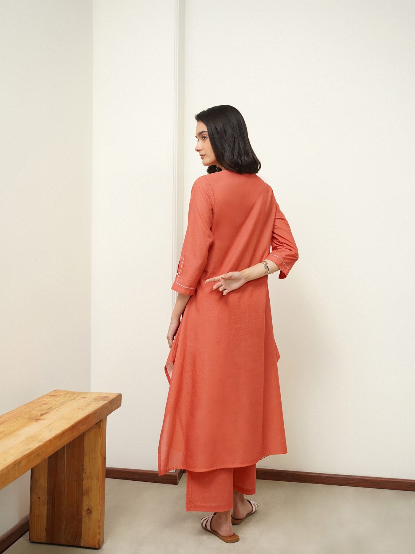 Cotton Polka Asymmetric Kurta Set - Rust