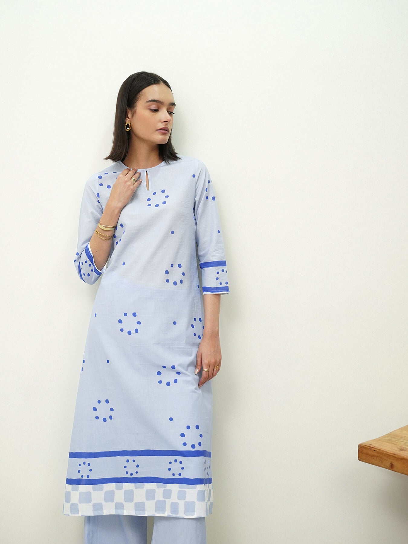 Cotton Polka Asymmetric Kurta Set - Blue