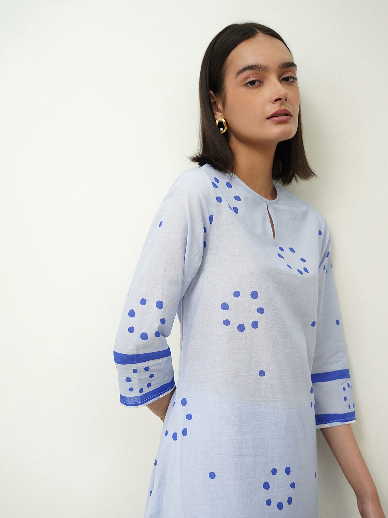 Cotton Polka Asymmetric Kurta Set - Blue