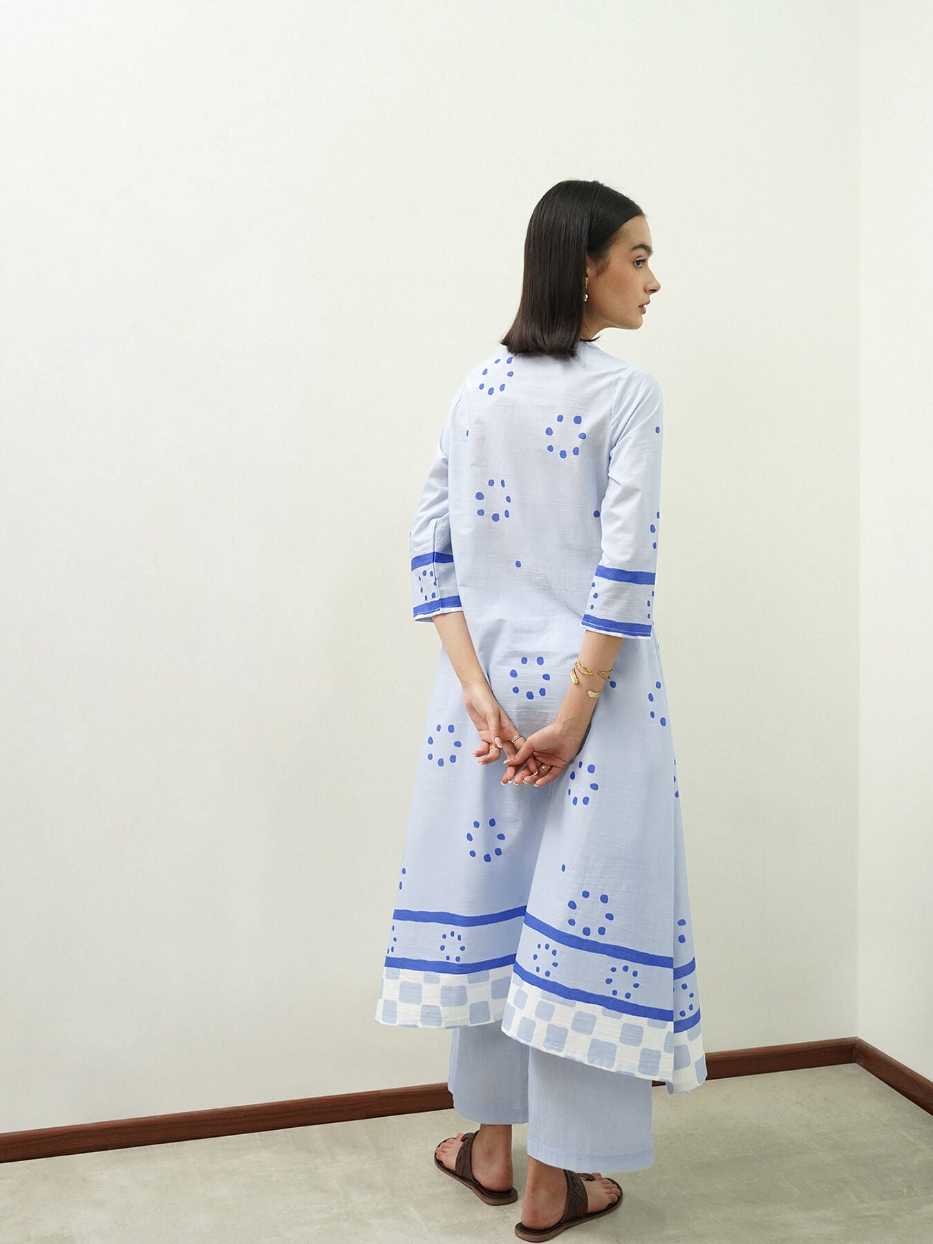 Cotton Polka Asymmetric Kurta Set - Blue