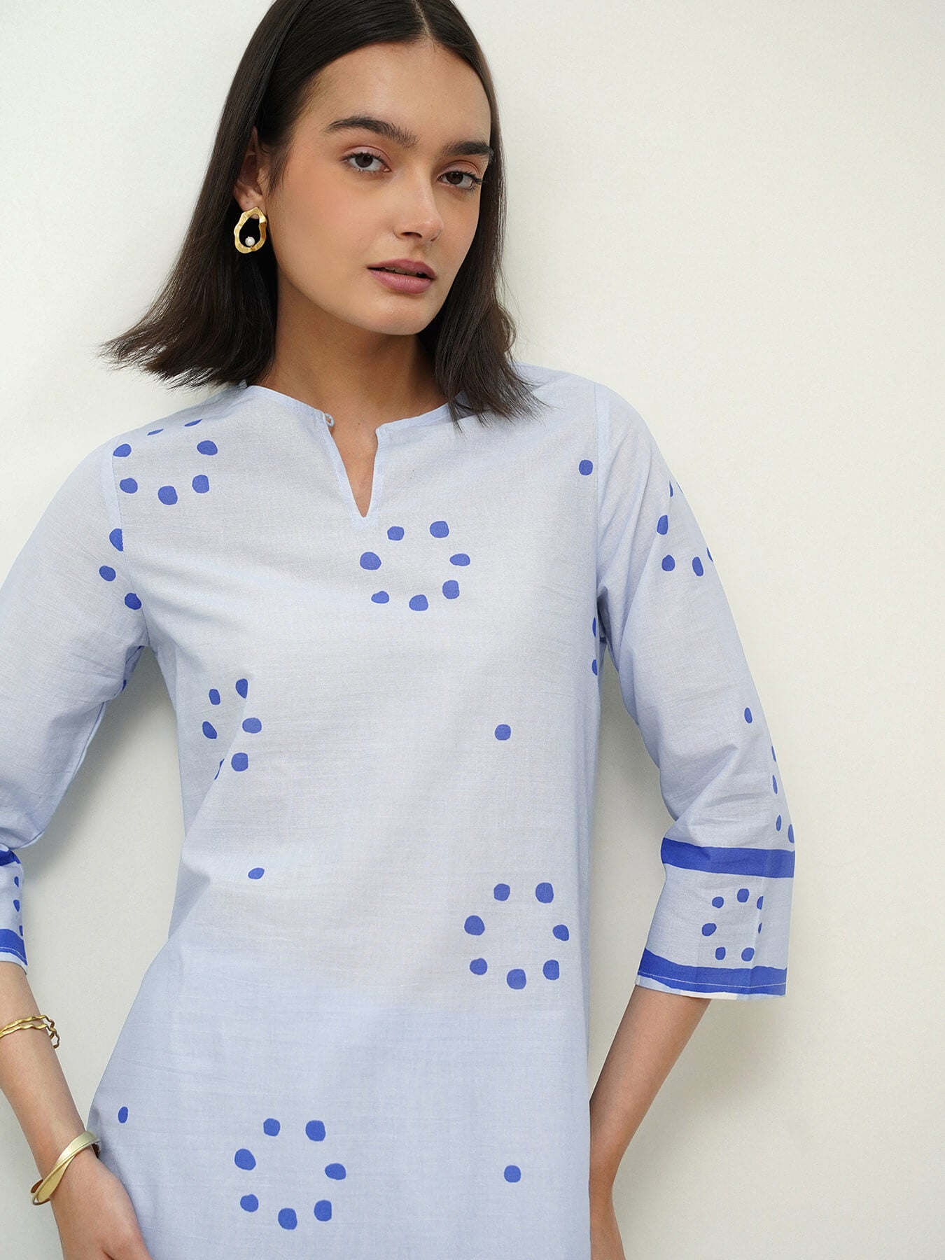 Cotton Polka Asymmetric Kurta Set - Blue