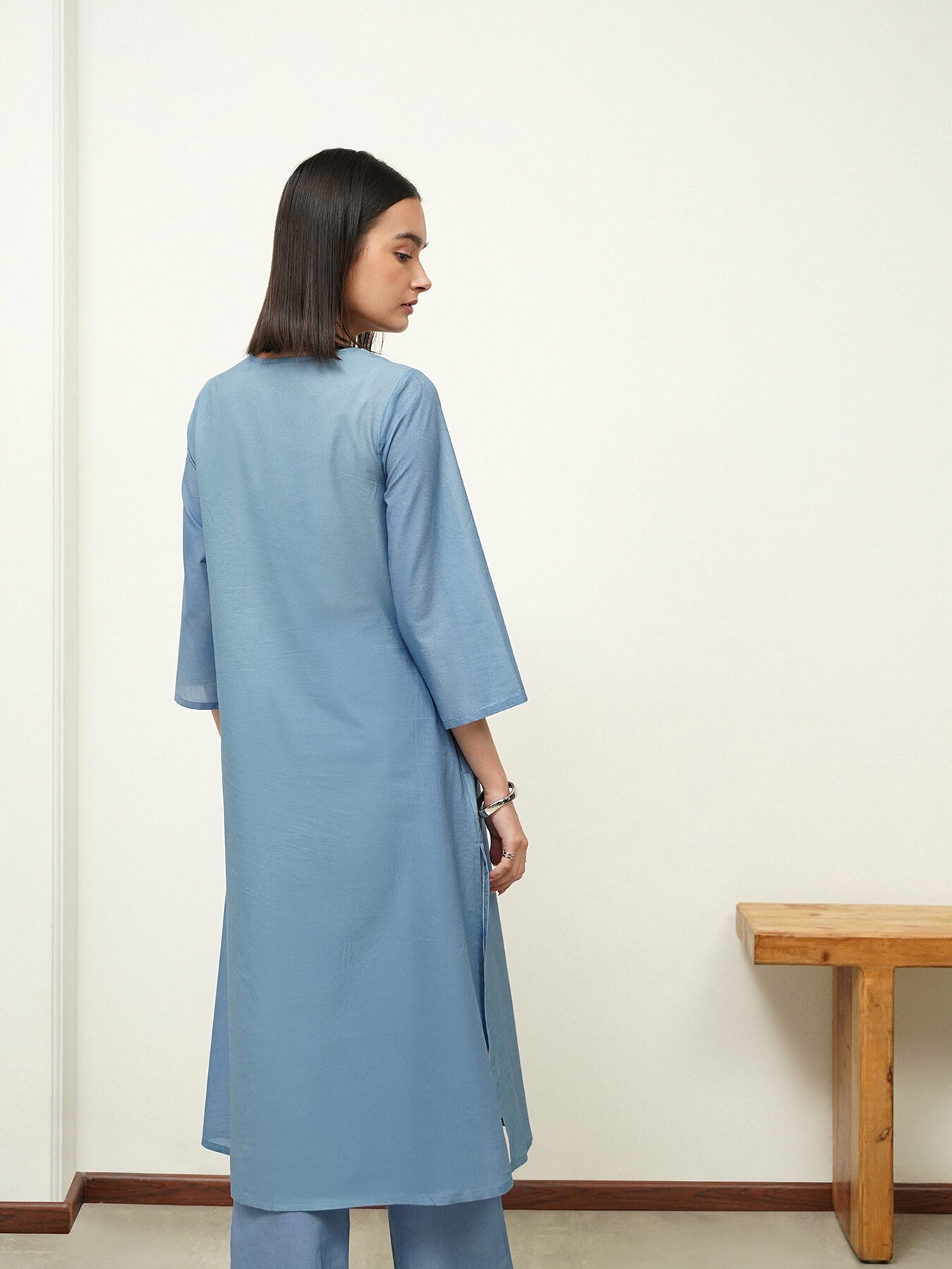 Cotton Polka V-Neck Kurta Set - Blue