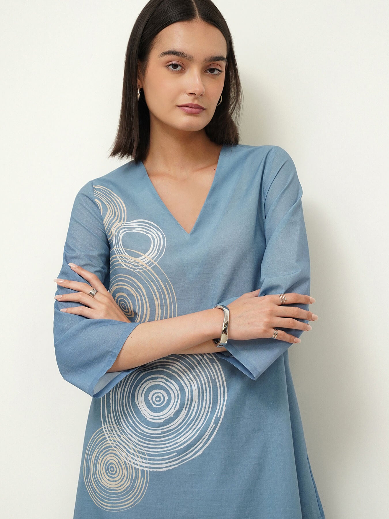 Cotton Polka V-Neck Kurta Set - Blue