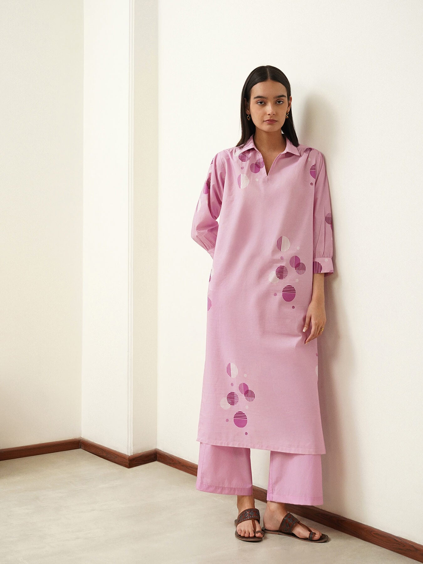 Cotton Polka Flared Kurta Set - Purple
