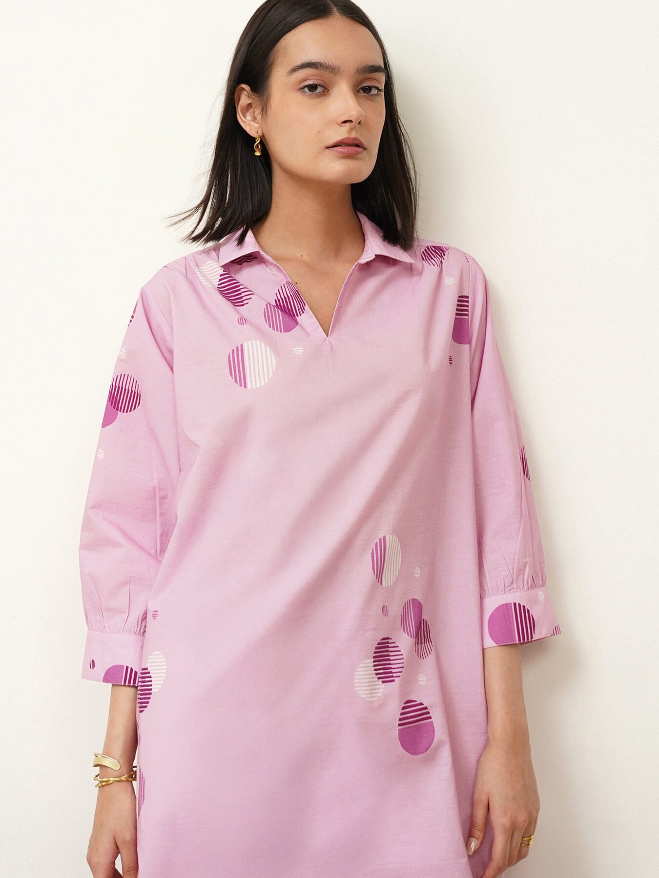 Cotton Polka Flared Kurta Set - Purple